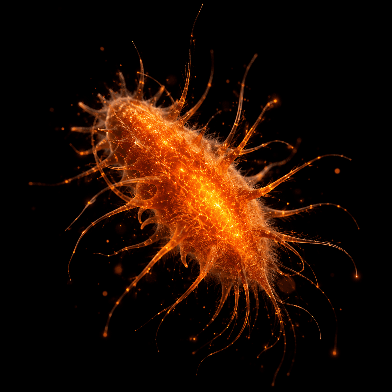 Bioluminescent orange organism glowing in the dark