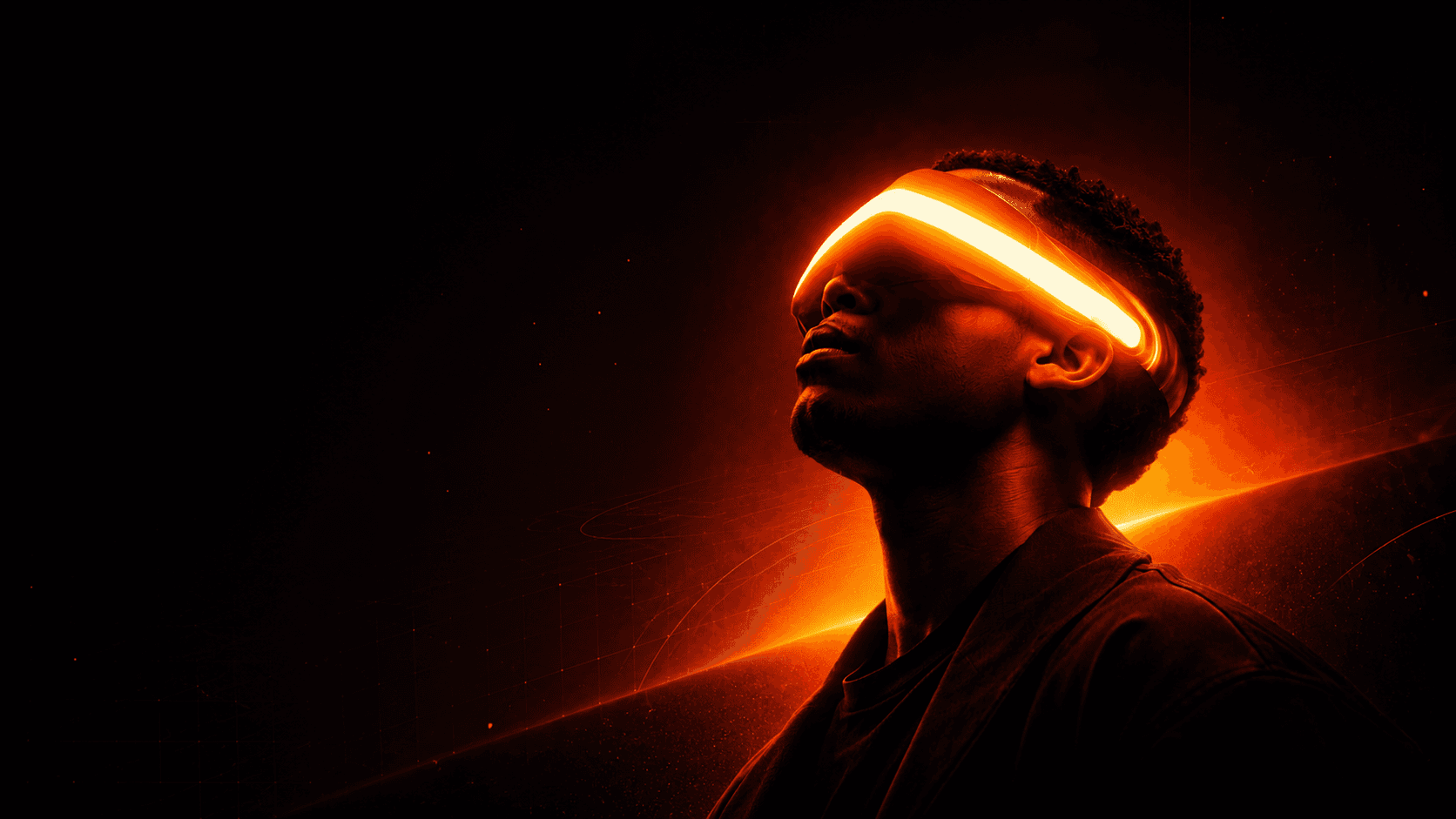 Futurist wearing a glowing orange visor in the dark