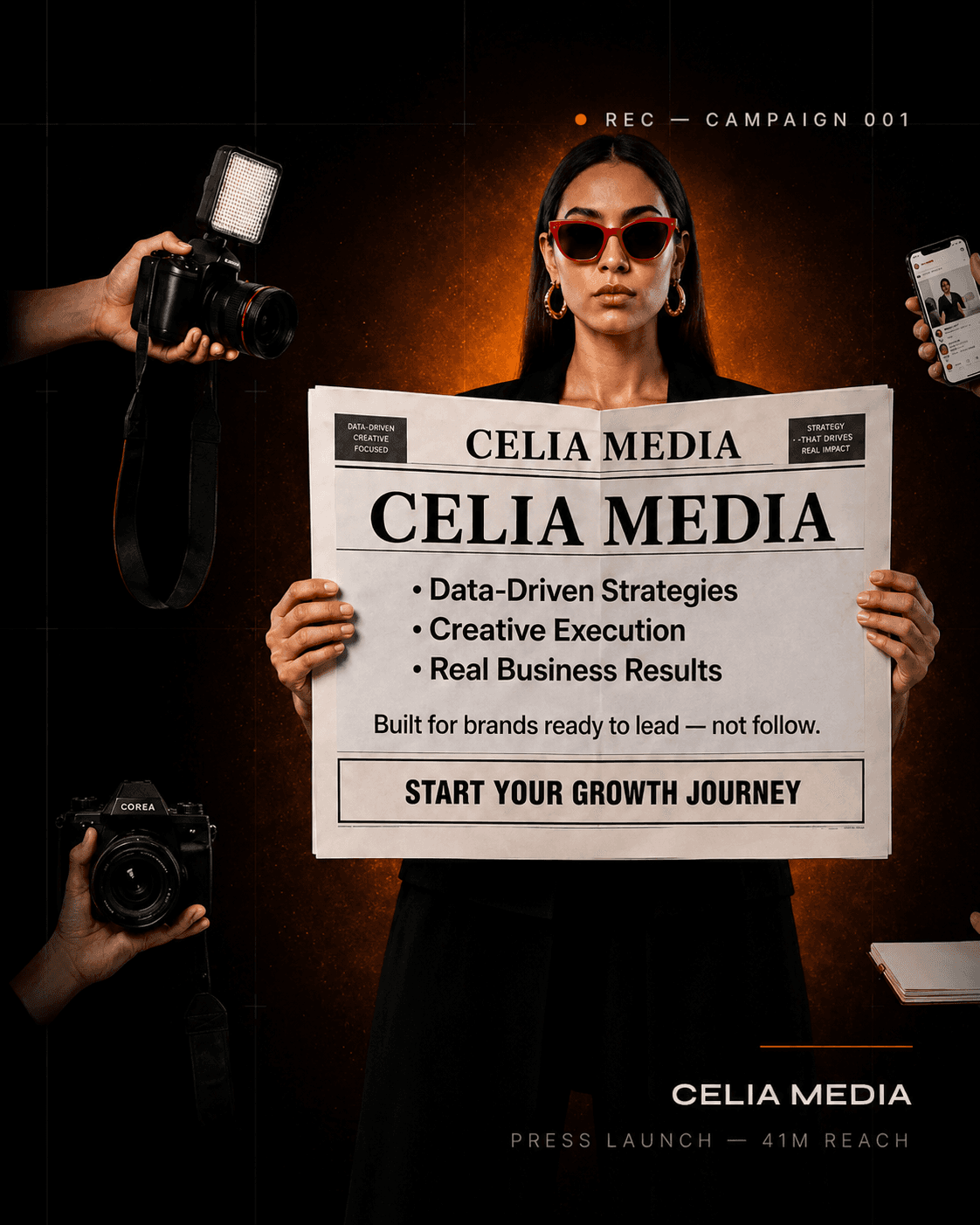 Celia Media press launch — a founder holding a newspaper surrounded by cameras and phones